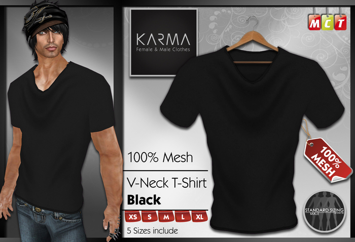 Karma - Black - Mesh V-Neck T-Shirt - 5 Sizes include