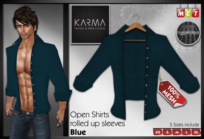 Karma - Blue - Mesh Open Shirts rolled up Sleeves - 5 Sizes include
