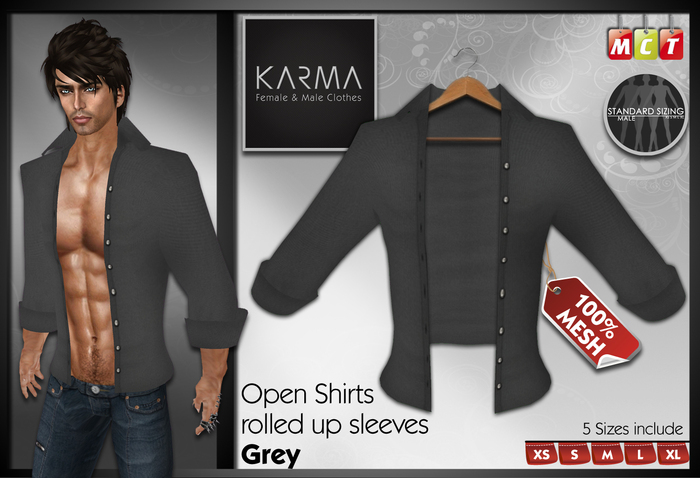 Karma - Grey - Mesh Open Shirts rolled up Sleeves - 5 Sizes include