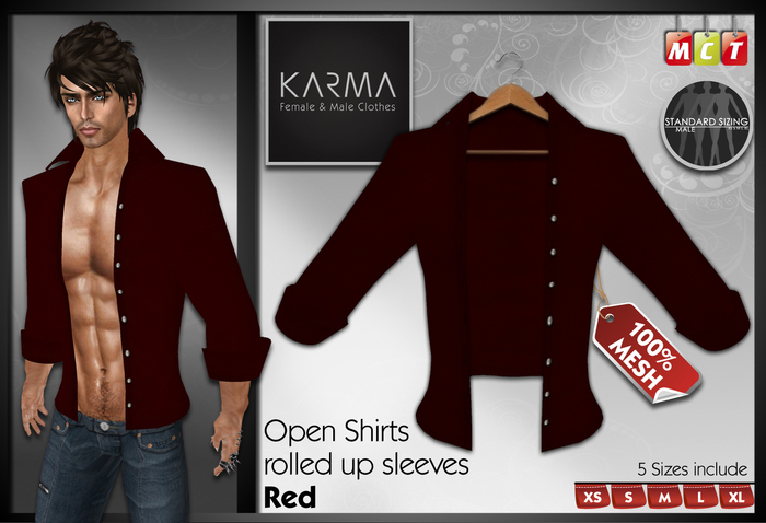 Karma - Red - Mesh Open Shirts rolled up Sleeves - 5 Sizes include