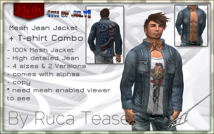 4th of July Mesh Jean Jacket & T-shirt Combo by Ruca Tease -All Sizes-