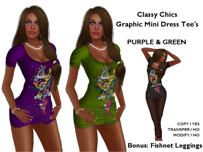 Classy Chics Graphic Mini Dress Tee's - Purple & Green