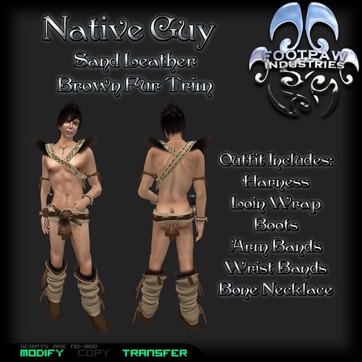 [FPI] Native Guy Sand-Brown Belted Harness with Fur Shoulders, Loin Wrap, Boots, Bones & Bands