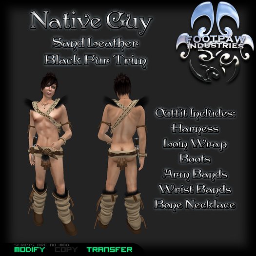 [FPI] Native Guy Sand-Black Belted Harness with Fur Shoulders, Loin Wrap, Boots, Bones & Bands