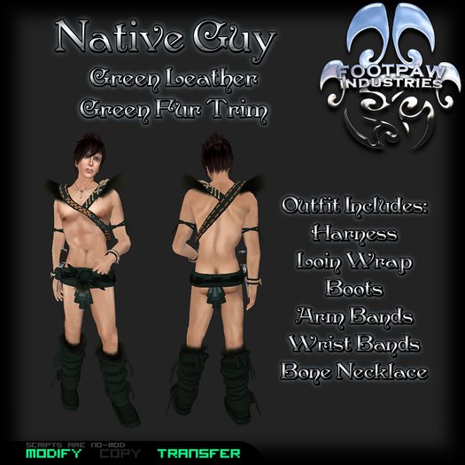 [FPI] Native Guy Green-Green  Belted Harness with Fur Shoulders, Loin Wrap, Boots, Bones & Bands