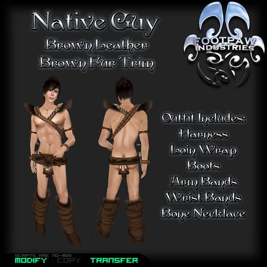 [FPI] Native Guy Brown-Brown Belted Harness with Fur Shoulders, Loin Wrap, Boots, Bones & Bands