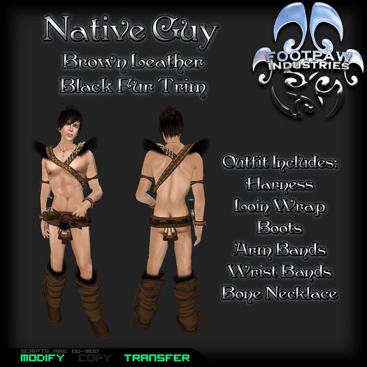 [FPI] Native Guy Brown-Black Belted Harness with Fur Shoulders, Loin Wrap, Boots, Bones & Bands