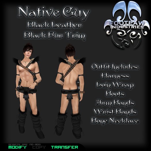 [FPI] Native Guy Black-Black Belted Harness with Fur Shoulders, Loin Wrap, Boots, Bones & Bands