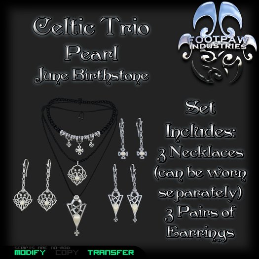 [FPI] Celtic Trio Set Pearl 3 Celtic charm Necklaces that can be worn together or separately, 3 pairs of Earrings