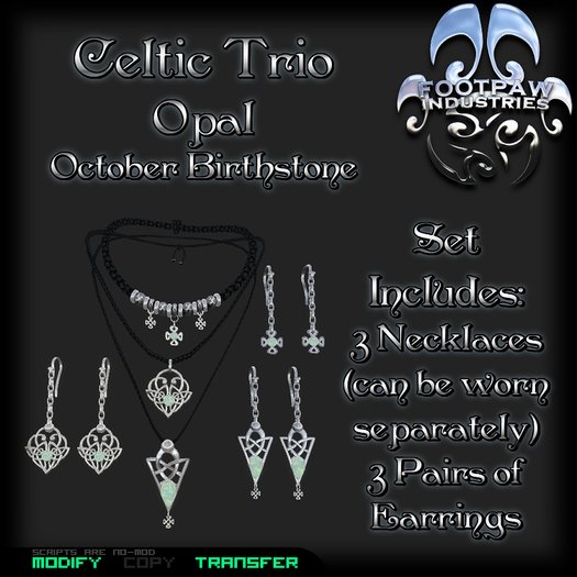 [FPI] Celtic Trio Set Opal 3 Celtic charm Necklaces that can be worn together or separately, 3 pairs of Earrings