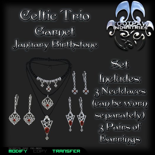 [FPI] Celtic Trio Set Garnet 3 Celtic charm Necklaces that can be worn together or separately, 3 pairs of Earrings