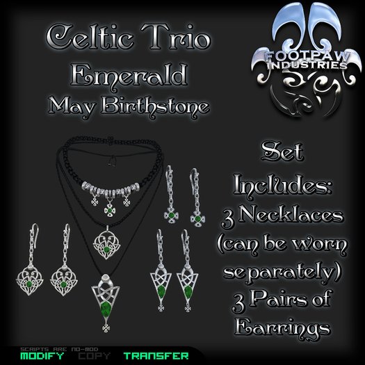 [FPI] Celtic Trio Set Emerald 3 Celtic charm Necklaces that can be worn together or separately, 3 pairs of Earrings