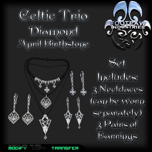 [FPI] Celtic Trio Set Diamond 3 Celtic charm Necklaces that can be worn together or separately, 3 pairs of Earrings