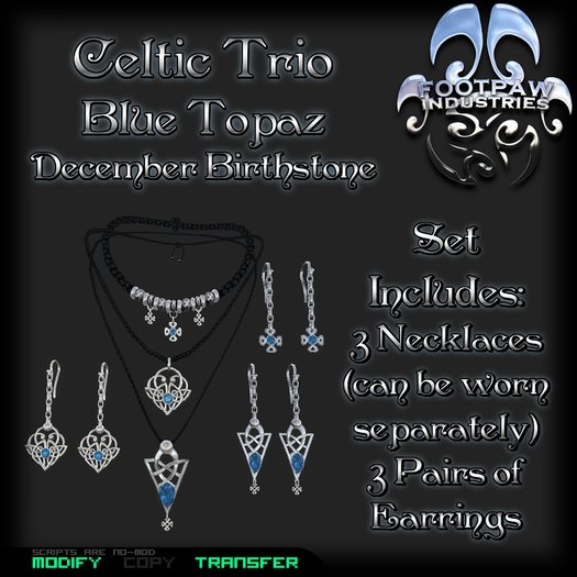 [FPI] Celtic Trio Set Blue Topaz 3 Celtic charm Necklaces that can be worn together or separately, 3 pairs of Earrings