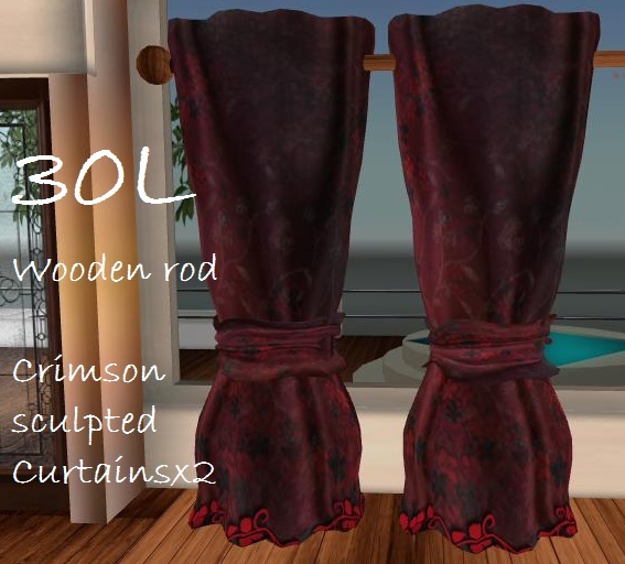 Crimson Satin Curtains with Wooden Rod