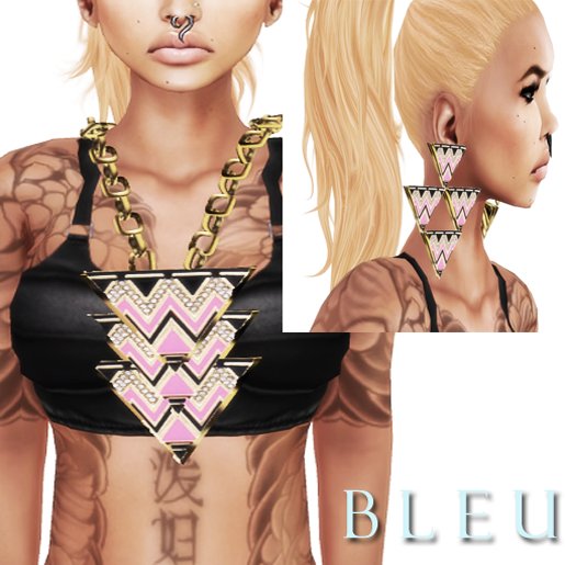 - B L E U - Pink Tri Angular Necklace&Earrings *GOLD* (BOXED)