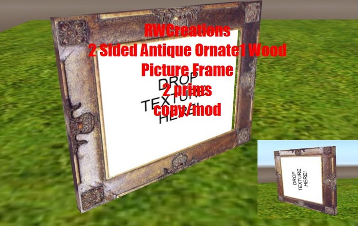 2 Sided Antique Ornate1 Wood Photo Texture Picture Frame  -2 prims by RWC (boxed) Copy/Mod
