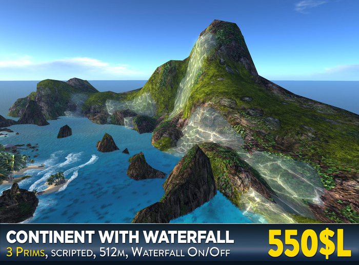 512m offsim continent, 3 prims only - sim expander with waterfall