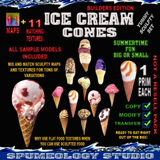 ICE CREAM CONES SCULPTY MAPS AND TEXTURES - 1 PRIM EACH