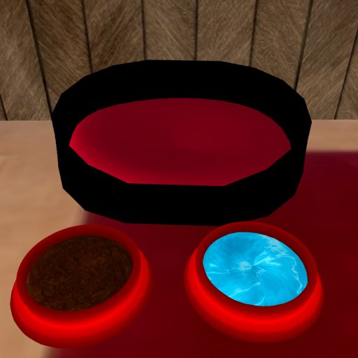 Red Dog Bed and Bowls