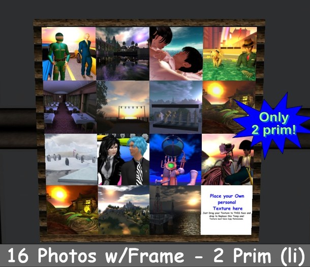 Mesh Wall Photo Frames for 16 Photos with Frame using 2 Prim