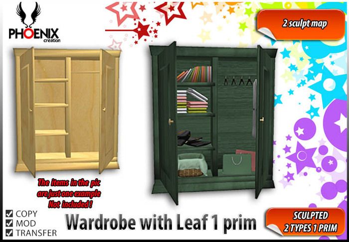 Phoenix -[P] furniture Wardrobe with Leaf 1 prim