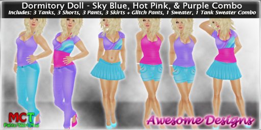*Awesome Designs Dormitory Doll In Sky Blue, Hot Pink, & Purple