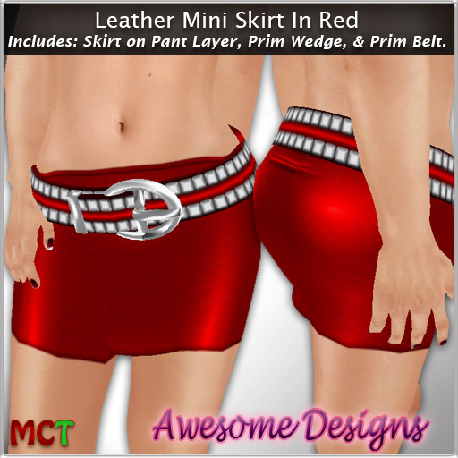 *Awesome Designs Leather Mini Skirt & Belt In Red