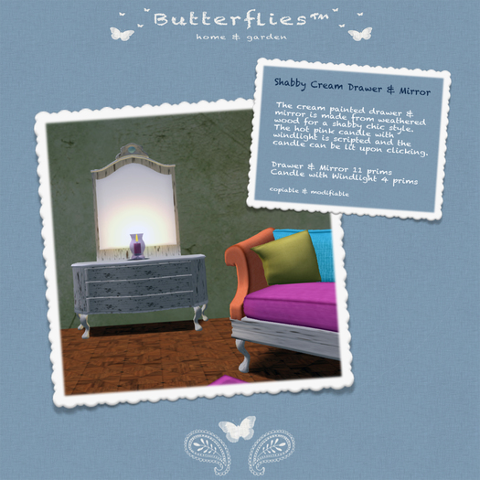 ButterfliesTM - Shabby Cream Drawer & Mirror