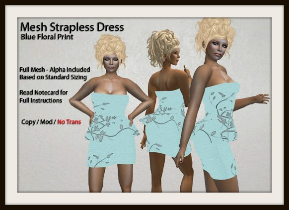 Mesh Strapless Dress - Blue Floral Print