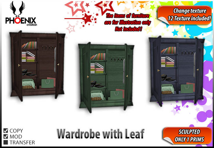 [P]furniture Wardrobe with leaf  1 prim-change texture