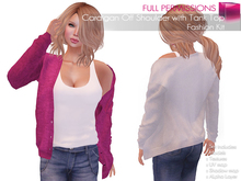 RIGGED MESH Women's Female Ladies One Off Shoulder Long Sleeve Open Front Cardigan with White Tank Top
