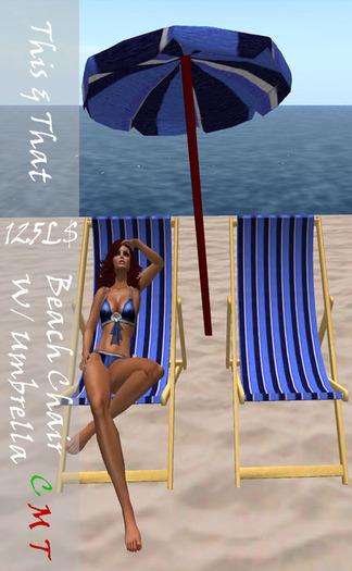 This & That Dark Blue Stripes Beach Chair W/Umbrella