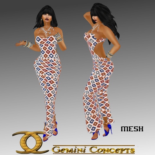 (CC) Blue African Mesh Square Long Dress  Boxed