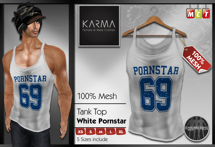Karma - Mesh Men Tank top White - Pornstar  - 5 Sizes include