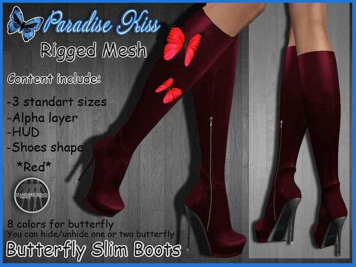 {Paradise Kiss} Butterfly slim boots-Red-Rigged Mesh