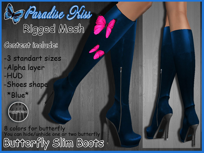 {Paradise Kiss} Butterfly slim boots-Blue-Rigged Mesh