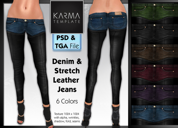 Karma Template - PSD / Tga - Denim & Stretch Leather Jeans - 6 Colors