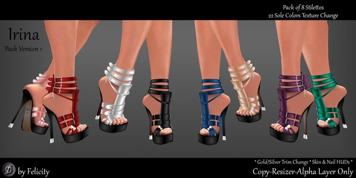 *Felicity* Irina Stilettos Pack 1 - Pack of 8 High Heels Shoes with Color Change Sole Sculpted Shoe (22 Texture Options)
