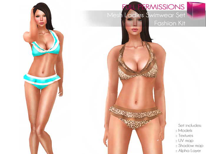 FULL PERM CLASSIC RIGGED MESH Summer Beach Ruffled Halter Top and Ruffed Bottom Bikini Set - 3 TEXTURES  