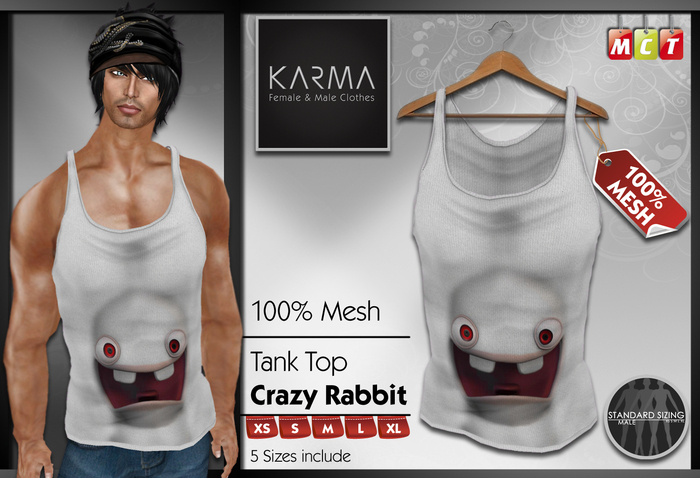 Karma - Mesh Men Tank top White - Crazy Rabbit  - 5 Sizes include
