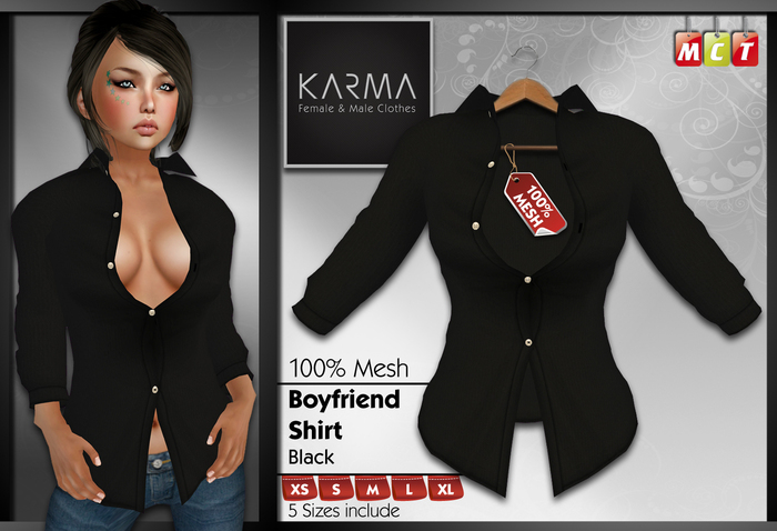 Karma - Black - Mesh Boyfriend Shirt - 5 Sizes include