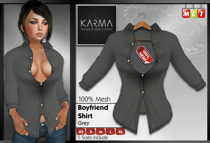 Karma - Grey - Mesh Boyfriend Shirt - 5 Sizes include