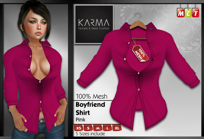Karma - Pink - Mesh Boyfriend Shirt - 5 Sizes include