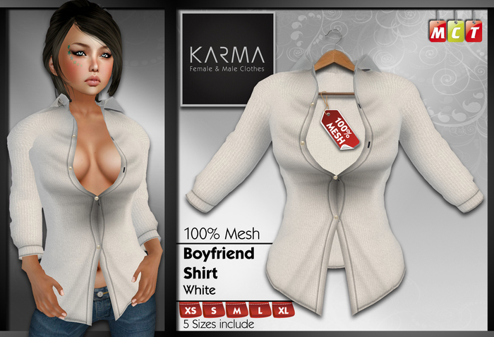 Karma - White - Mesh Boyfriend Shirt - 5 Sizes include