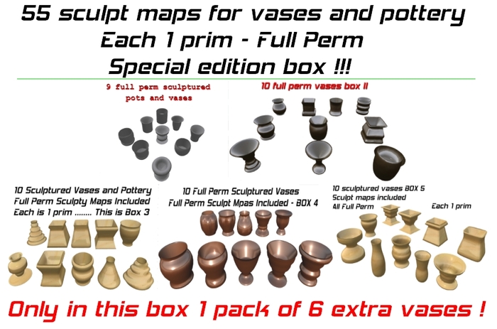 55 sculptured vases - pottery - each 1 prim - sculpt maps included - FULL PERM