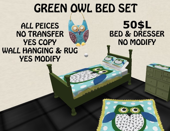 GREEN OWL BED SET BOXED