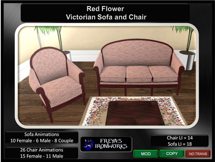 Red Flower Victorian Sofa and Chair - Freya's Ironworks
