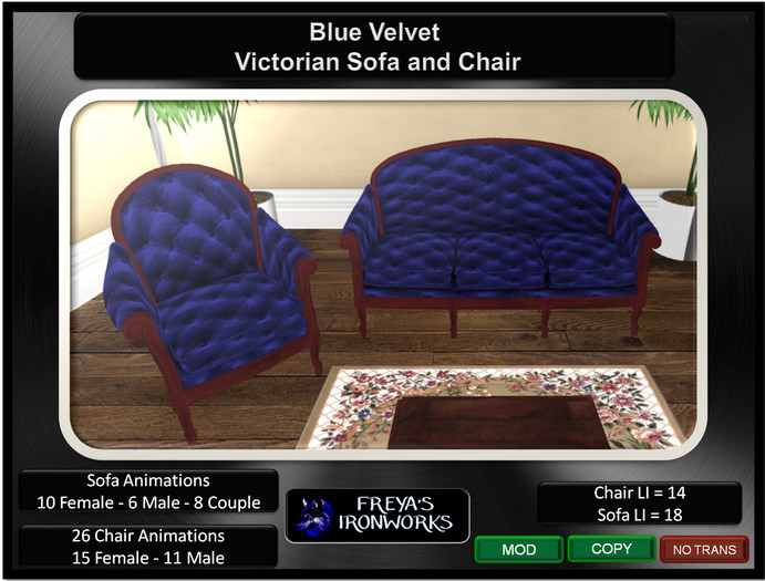 Blue Velvet Victorian Sofa and Chair - Freya's Ironworks