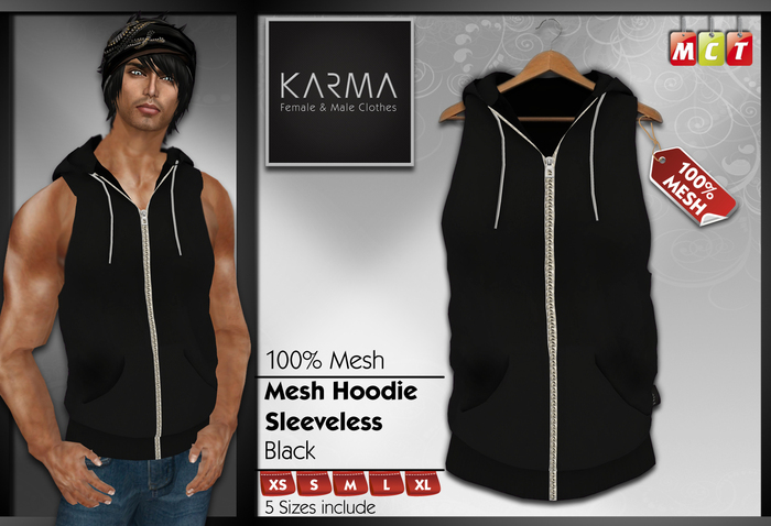 Karma - Black - Mesh Sleeveless Hoodie - 5 Sizes include